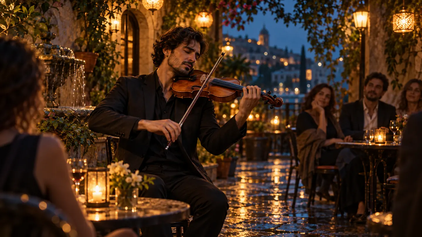 A violinist performs in a rain-lit courtyard with listeners nearby
