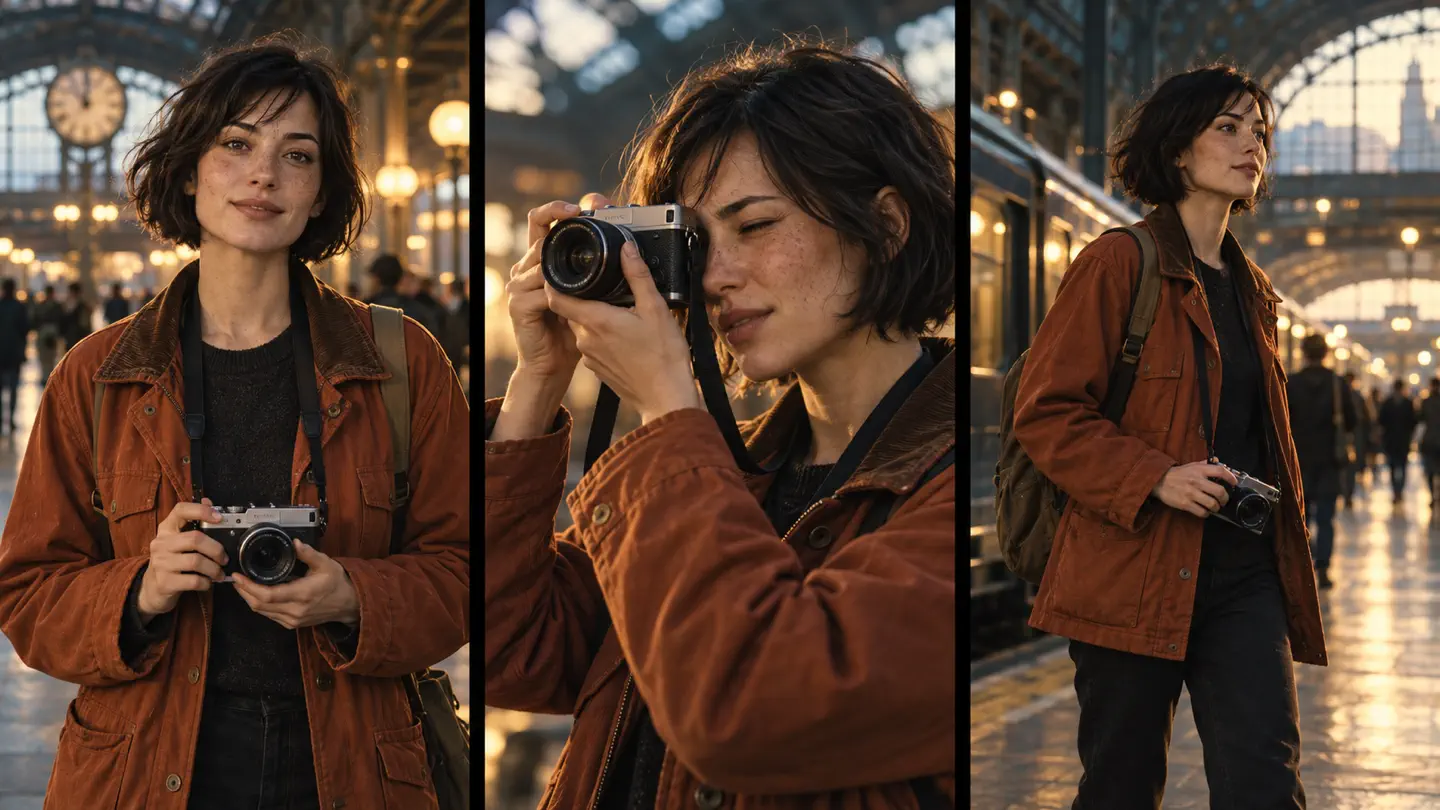 Three cinematic shots preserve the same woman's face, orange jacket and silver camera